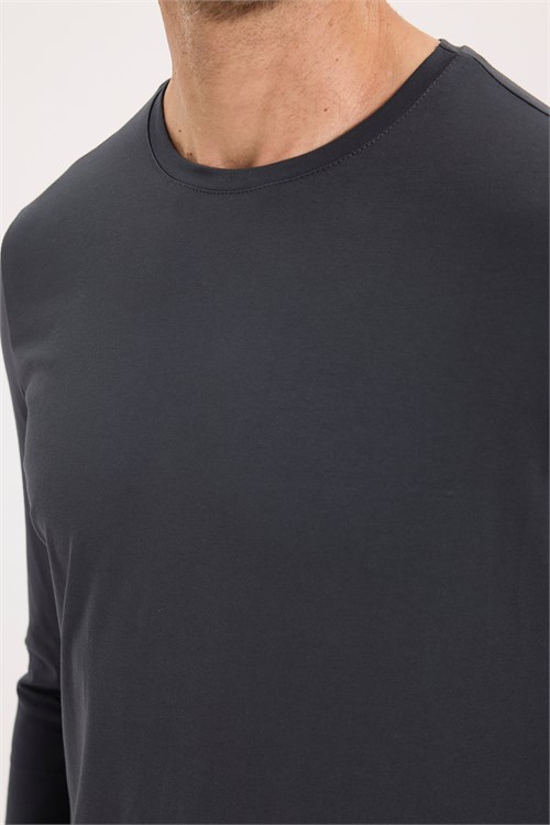 Erkek Slim Fit Dar Kesim Pamuklu Yumuşak Dokulu Bisiklet Yaka Likralı Gri Sweatshirt