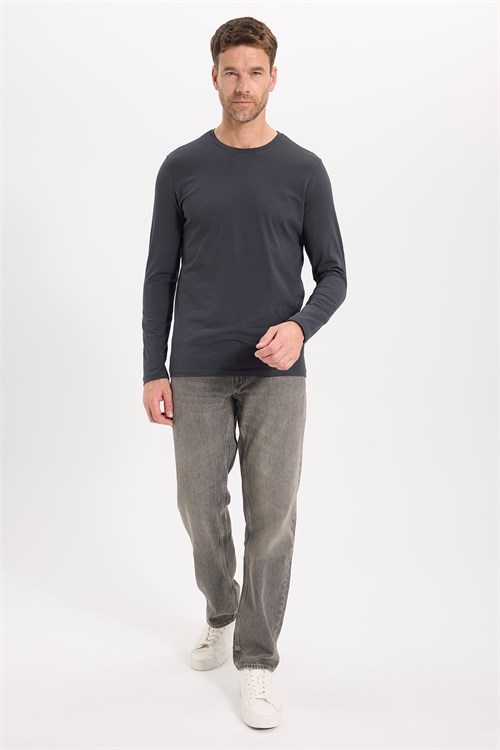 Erkek Slim Fit Dar Kesim Pamuklu Yumuşak Dokulu Bisiklet Yaka Likralı Gri Sweatshirt
