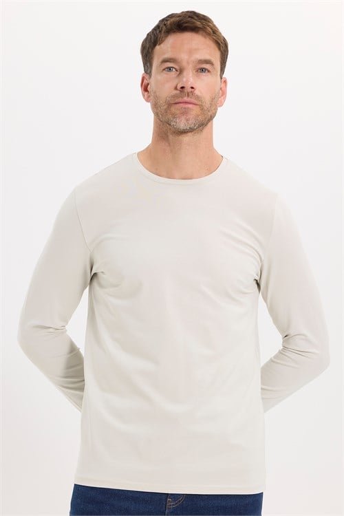 Erkek Slim Fit Dar Kesim Pamuklu Yumuşak Dokulu Bisiklet Yaka Likralı Ekru Sweatshirt