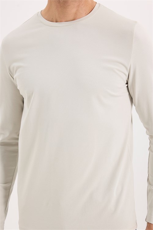 Erkek Slim Fit Dar Kesim Pamuklu Yumuşak Dokulu Bisiklet Yaka Likralı Ekru Sweatshirt