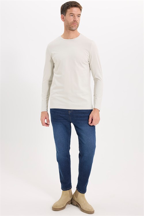 Erkek Slim Fit Dar Kesim Pamuklu Yumuşak Dokulu Bisiklet Yaka Likralı Ekru Sweatshirt