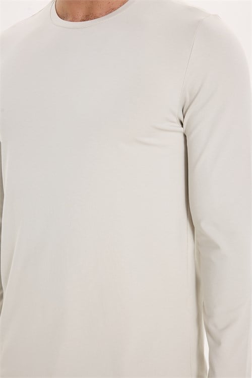 Erkek Slim Fit Dar Kesim Pamuklu Yumuşak Dokulu Bisiklet Yaka Likralı Ekru Sweatshirt