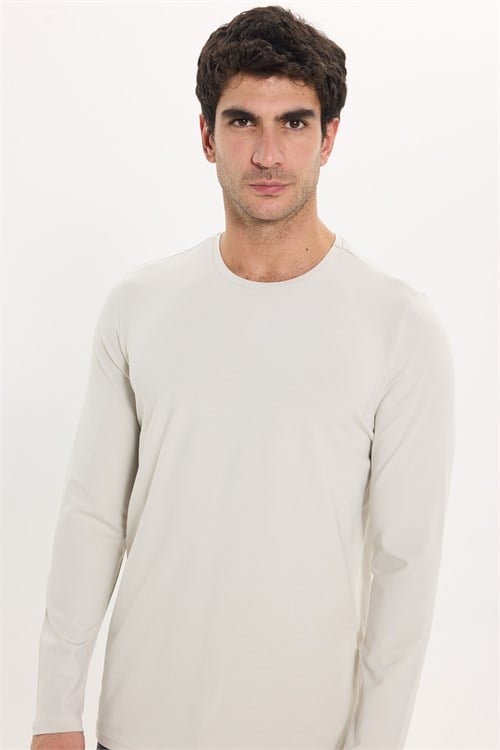 Erkek Slim Fit Dar Kesim Pamuklu Yumuşak Dokulu Bisiklet Yaka Likralı Ekru Sweatshirt