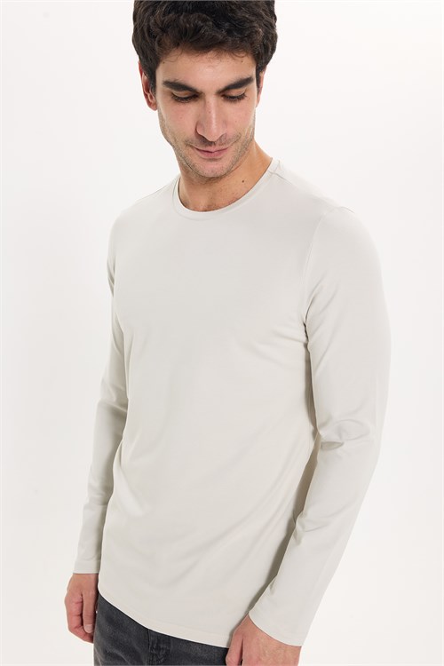 Erkek Slim Fit Dar Kesim Pamuklu Yumuşak Dokulu Bisiklet Yaka Likralı Ekru Sweatshirt