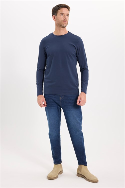 Erkek Slim Fit Dar Kesim Pamuklu Yumuşak Dokulu Bisiklet Yaka Likralı Lacivert  Sweatshirt