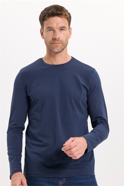 Erkek Slim Fit Dar Kesim Pamuklu Yumuşak Dokulu Bisiklet Yaka Likralı Lacivert  Sweatshirt
