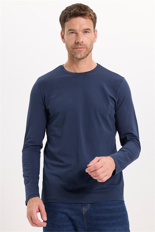 Erkek Slim Fit Dar Kesim Pamuklu Yumuşak Dokulu Bisiklet Yaka Likralı Lacivert  Sweatshirt