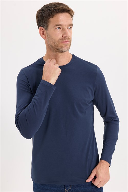 Erkek Slim Fit Dar Kesim Pamuklu Yumuşak Dokulu Bisiklet Yaka Likralı Lacivert  Sweatshirt