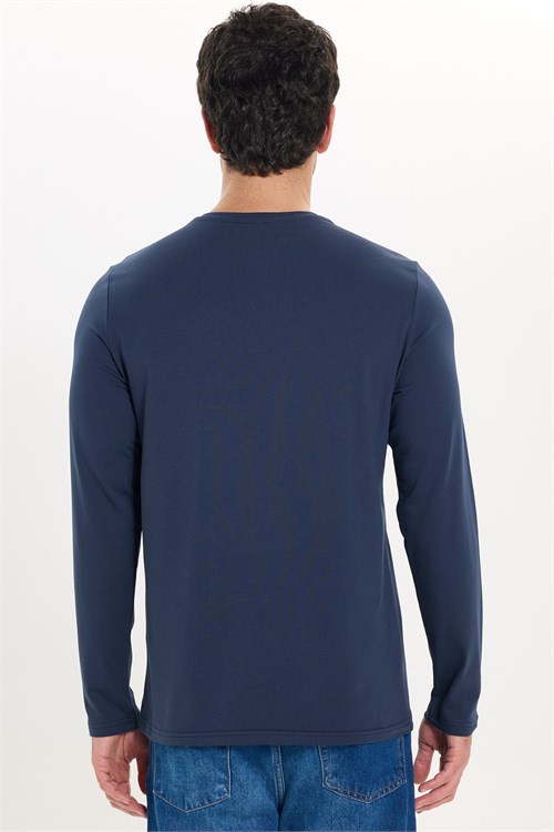 Erkek Slim Fit Dar Kesim Pamuklu Yumuşak Dokulu Bisiklet Yaka Likralı Lacivert  Sweatshirt