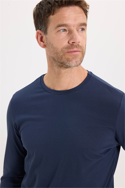 Erkek Slim Fit Dar Kesim Pamuklu Yumuşak Dokulu Bisiklet Yaka Likralı Lacivert  Sweatshirt