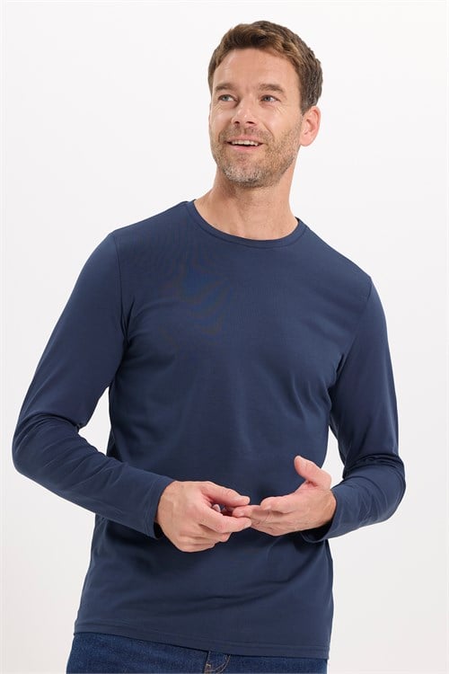 Erkek Slim Fit Dar Kesim Pamuklu Yumuşak Dokulu Bisiklet Yaka Likralı Lacivert  Sweatshirt