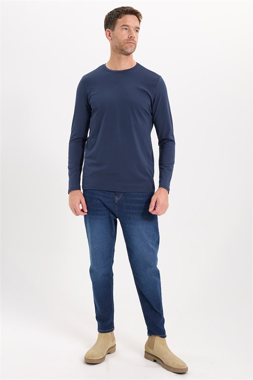 Erkek Slim Fit Dar Kesim Pamuklu Yumuşak Dokulu Bisiklet Yaka Likralı Lacivert  Sweatshirt