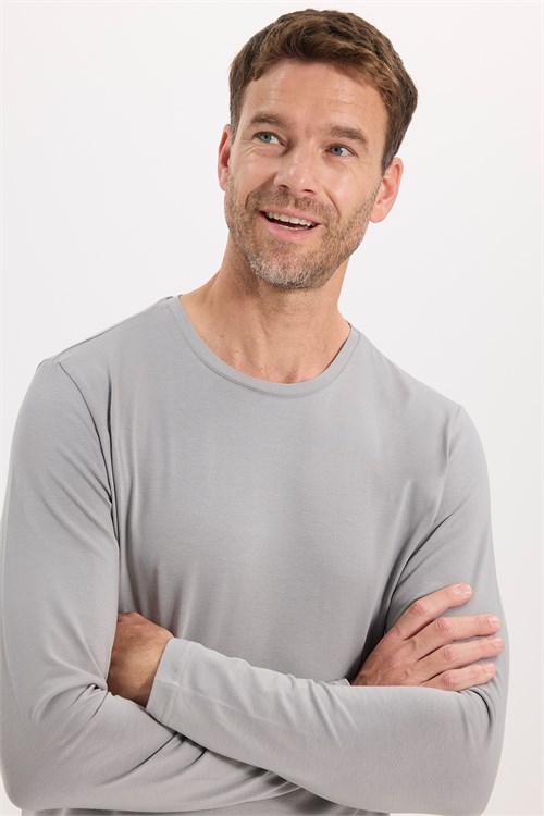 Erkek Slim Fit Dar Kesim Pamuklu Yumuşak Dokulu Bisiklet Yaka Likralı Gri Sweatshirt