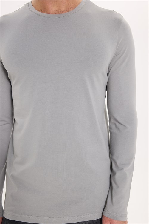 Erkek Slim Fit Dar Kesim Pamuklu Yumuşak Dokulu Bisiklet Yaka Likralı Gri Sweatshirt