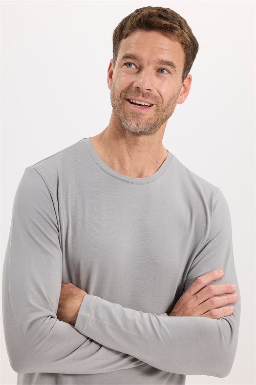 Erkek Slim Fit Dar Kesim Pamuklu Yumuşak Dokulu Bisiklet Yaka Likralı Gri Sweatshirt