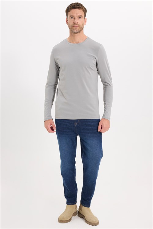 Erkek Slim Fit Dar Kesim Pamuklu Yumuşak Dokulu Bisiklet Yaka Likralı Gri Sweatshirt