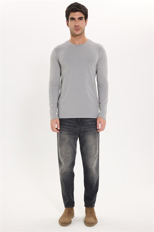 Erkek Slim Fit Dar Kesim Pamuklu Yumuşak Dokulu Bisiklet Yaka Likralı Gri Sweatshirt