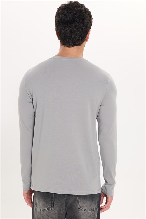 Erkek Slim Fit Dar Kesim Pamuklu Yumuşak Dokulu Bisiklet Yaka Likralı Gri Sweatshirt