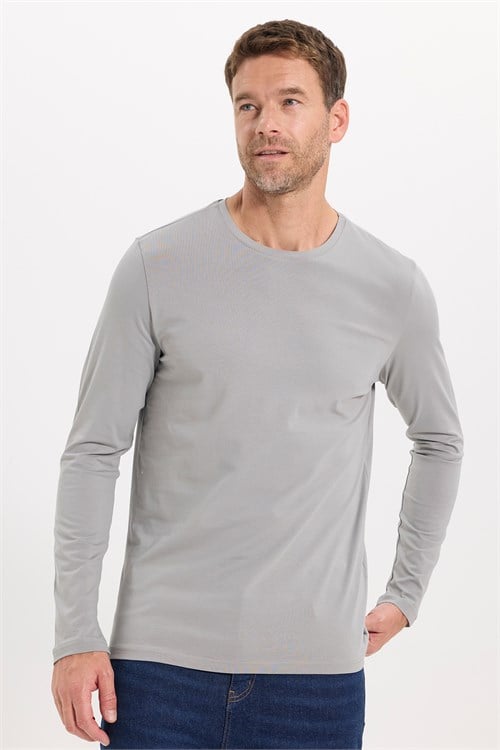 Erkek Slim Fit Dar Kesim Pamuklu Yumuşak Dokulu Bisiklet Yaka Likralı Gri Sweatshirt