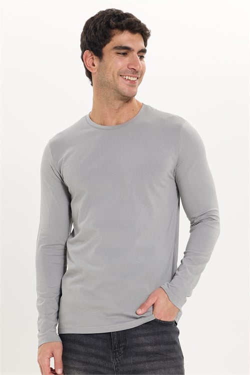 Erkek Slim Fit Dar Kesim Pamuklu Yumuşak Dokulu Bisiklet Yaka Likralı Gri Sweatshirt
