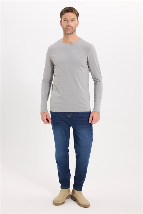 Erkek Slim Fit Dar Kesim Pamuklu Yumuşak Dokulu Bisiklet Yaka Likralı Gri Sweatshirt