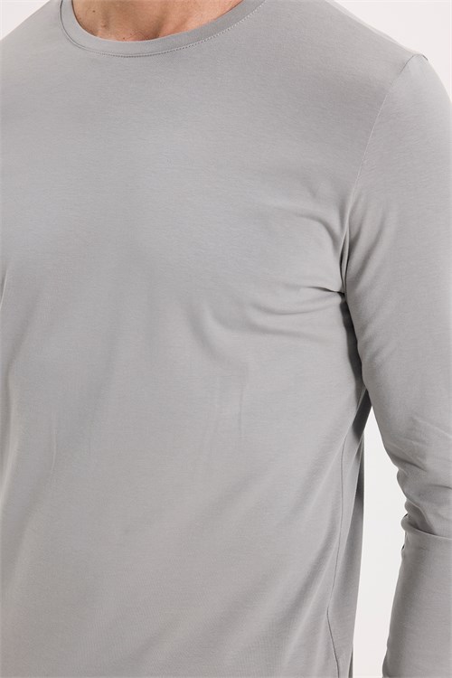 Erkek Slim Fit Dar Kesim Pamuklu Yumuşak Dokulu Bisiklet Yaka Likralı Gri Sweatshirt