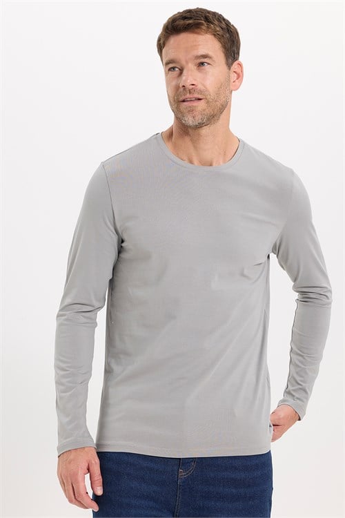 Erkek Slim Fit Dar Kesim Pamuklu Yumuşak Dokulu Bisiklet Yaka Likralı Gri Sweatshirt