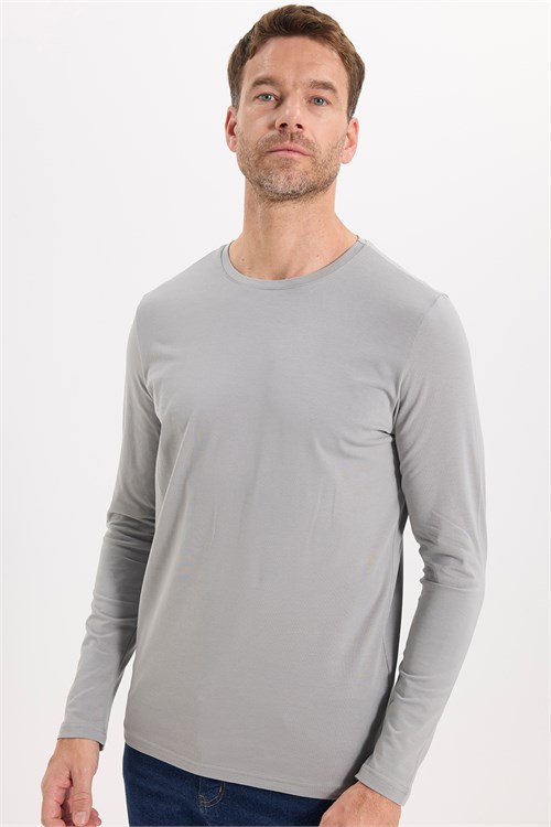 Erkek Slim Fit Dar Kesim Pamuklu Yumuşak Dokulu Bisiklet Yaka Likralı Gri Sweatshirt