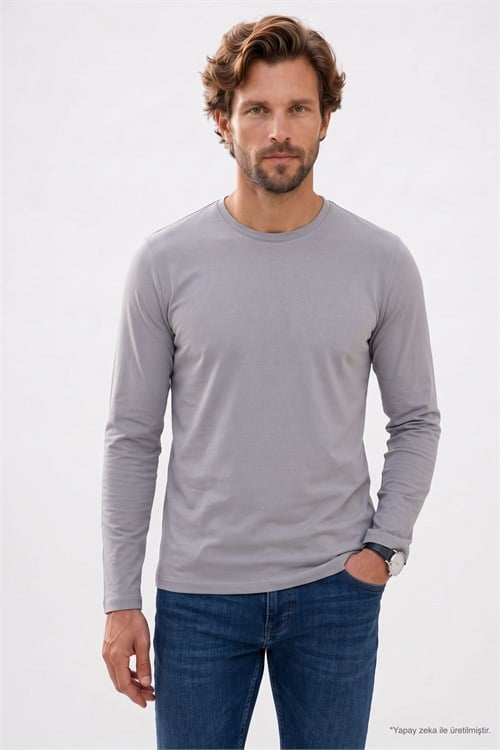 Erkek Slim Fit Dar Kesim Pamuklu Yumuşak Dokulu Bisiklet Yaka Likralı Gri Sweatshirt