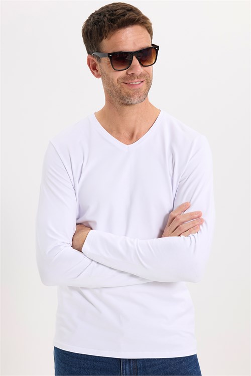 Erkek Slim Fit Dar Kesim Pamuklu Yumuşak Dokulu Likralı V Yaka Süprem Beyaz Basic Sweatshirt