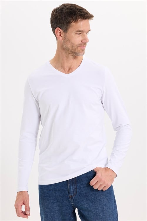 Erkek Slim Fit Dar Kesim Pamuklu Yumuşak Dokulu Likralı V Yaka Süprem Beyaz Basic Sweatshirt
