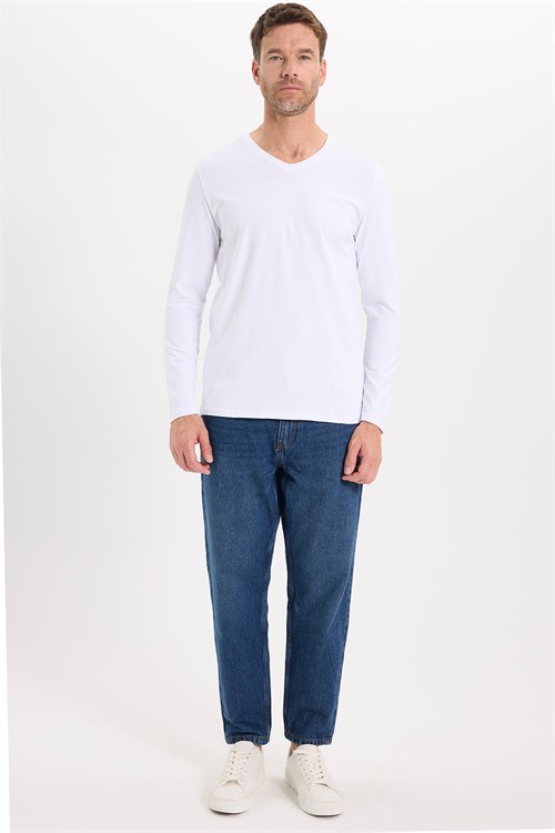 Erkek Slim Fit Dar Kesim Pamuklu Yumuşak Dokulu Likralı V Yaka Süprem Beyaz Basic Sweatshirt