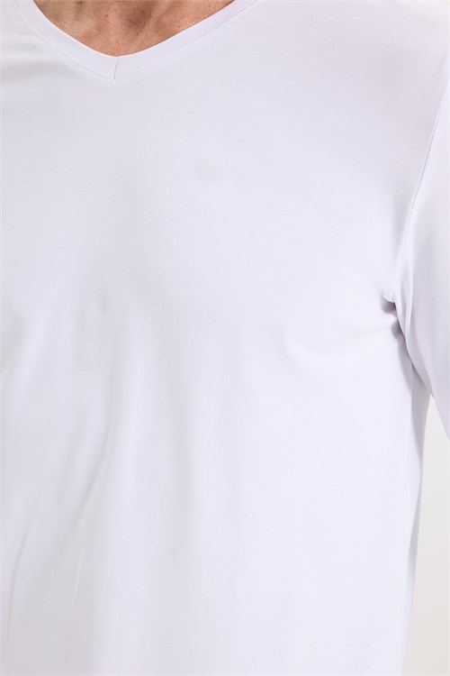 Erkek Slim Fit Dar Kesim Pamuklu Yumuşak Dokulu Likralı V Yaka Süprem Beyaz Basic Sweatshirt