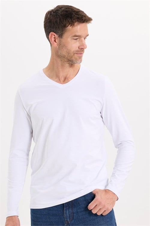 Erkek Slim Fit Dar Kesim Pamuklu Yumuşak Dokulu Likralı V Yaka Süprem Beyaz Basic Sweatshirt
