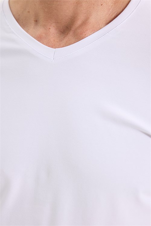 Erkek Slim Fit Dar Kesim Pamuklu Yumuşak Dokulu Likralı V Yaka Süprem Beyaz Basic Sweatshirt