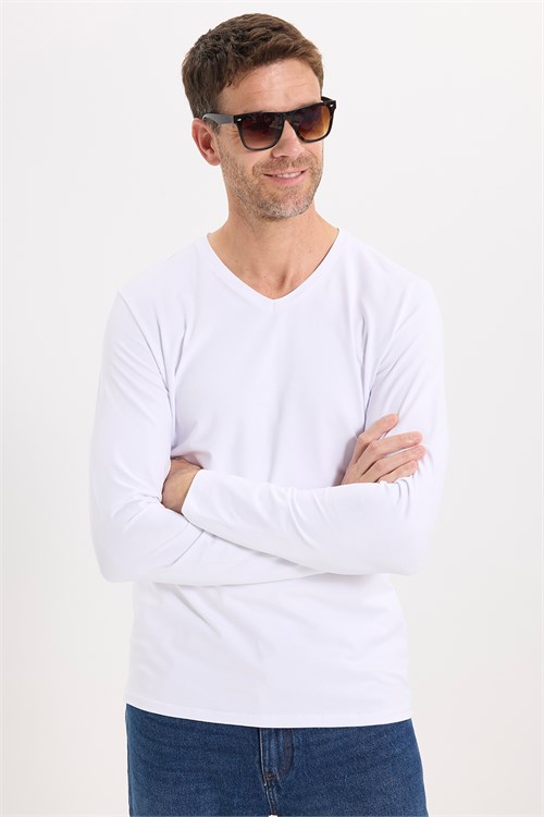 Erkek Slim Fit Dar Kesim Pamuklu Yumuşak Dokulu Likralı V Yaka Süprem Beyaz Basic Sweatshirt