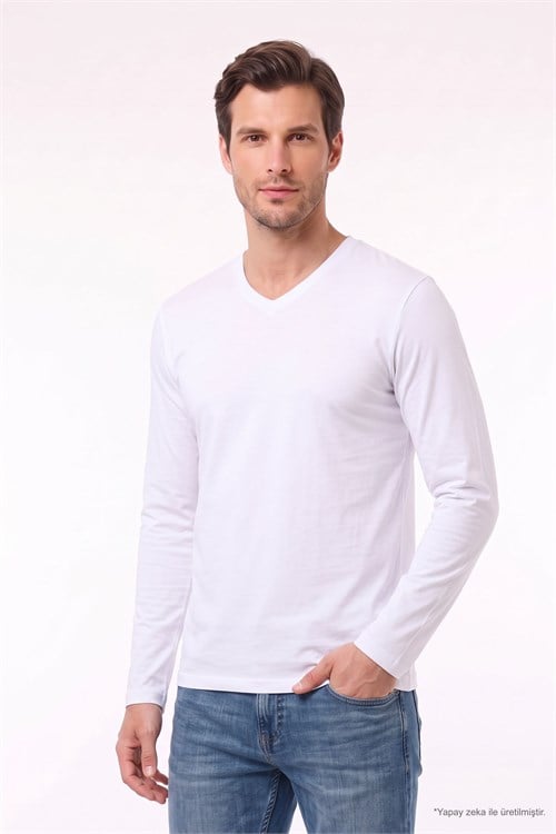 Erkek Slim Fit Dar Kesim Pamuklu Yumuşak Dokulu Likralı V Yaka Süprem Beyaz Basic Sweatshirt