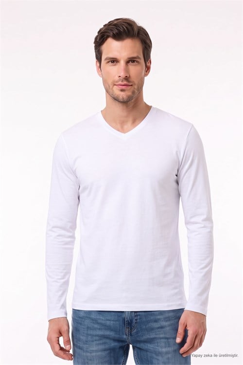 Erkek Slim Fit Dar Kesim Pamuklu Yumuşak Dokulu Likralı V Yaka Süprem Beyaz Basic Sweatshirt