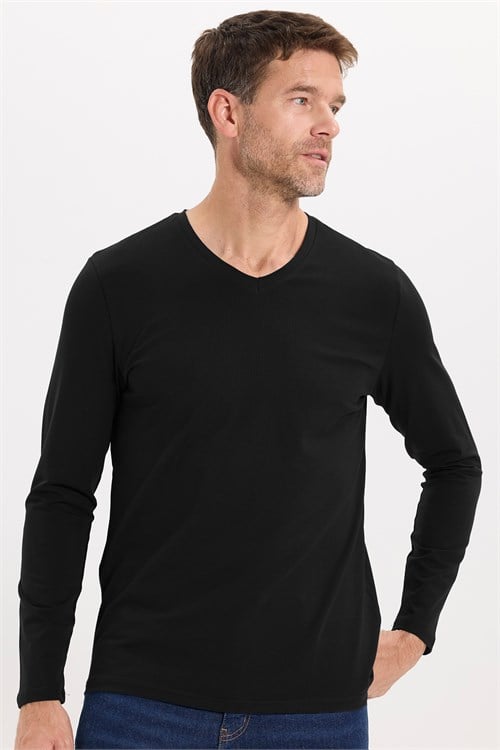 Erkek Slim Fit Dar Kesim Pamuklu Yumuşak Dokulu Likralı V Yaka Süprem Siyah Basic Sweatshirt