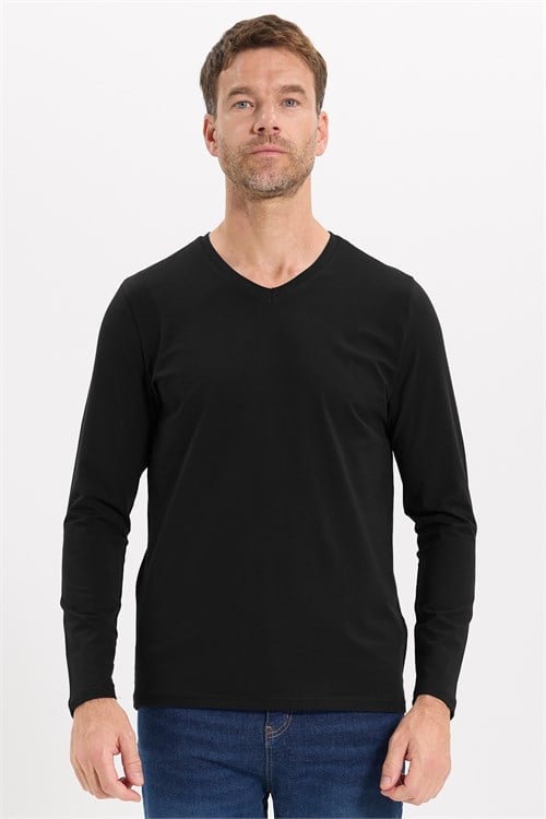 Erkek Slim Fit Dar Kesim Pamuklu Yumuşak Dokulu Likralı V Yaka Süprem Siyah Basic Sweatshirt