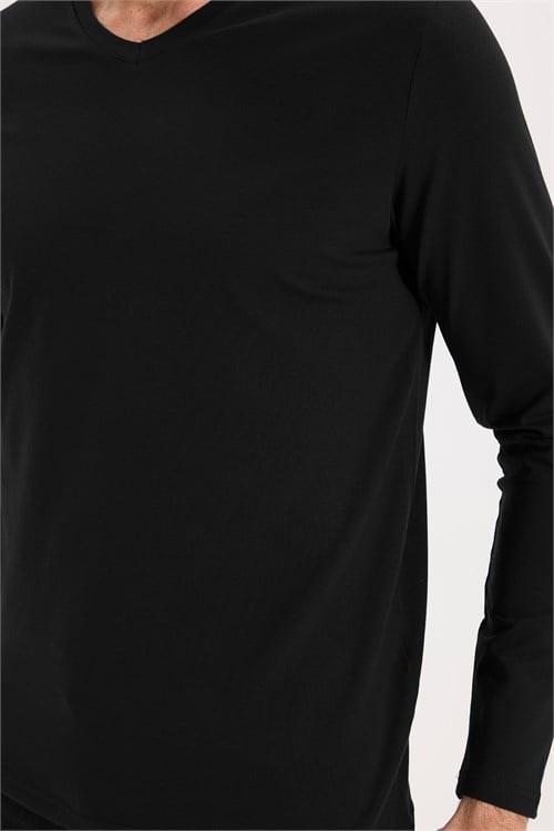 Erkek Slim Fit Dar Kesim Pamuklu Yumuşak Dokulu Likralı V Yaka Süprem Siyah Basic Sweatshirt
