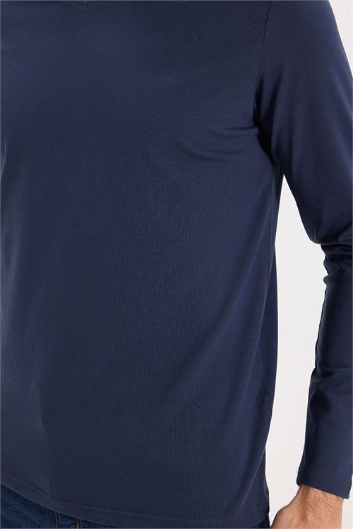 Erkek Slim Fit Dar Kesim Pamuklu Yumuşak Dokulu Likralı V Yaka Süprem Lacivert Basic Sweatshirt