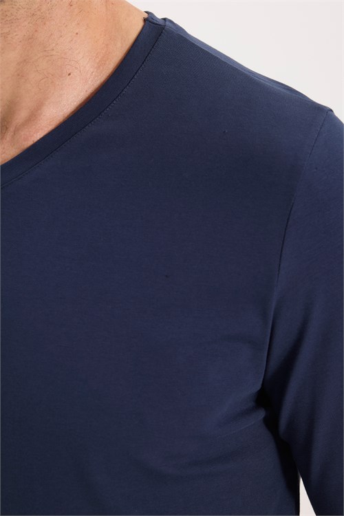 Erkek Slim Fit Dar Kesim Pamuklu Yumuşak Dokulu Likralı V Yaka Süprem Lacivert Basic Sweatshirt