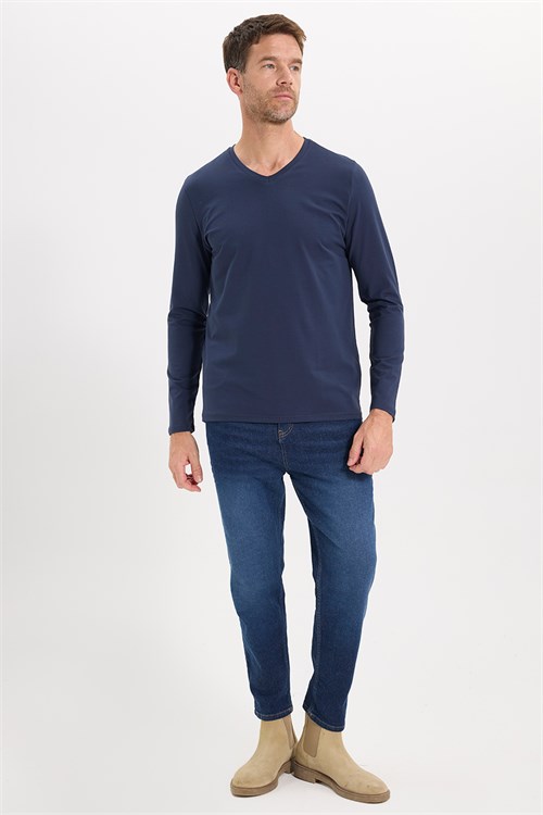 Erkek Slim Fit Dar Kesim Pamuklu Yumuşak Dokulu Likralı V Yaka Süprem Lacivert Basic Sweatshirt