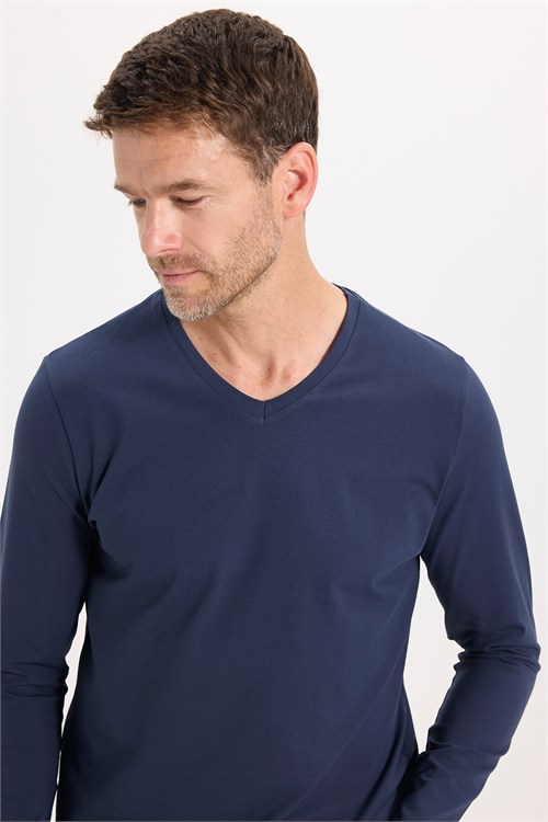 Erkek Slim Fit Dar Kesim Pamuklu Yumuşak Dokulu Likralı V Yaka Süprem Lacivert Basic Sweatshirt