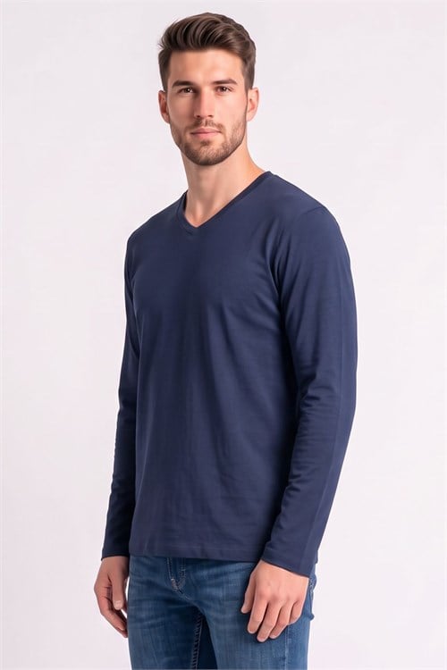 Erkek Slim Fit Dar Kesim Pamuklu Yumuşak Dokulu Likralı V Yaka Süprem Lacivert Basic Sweatshirt