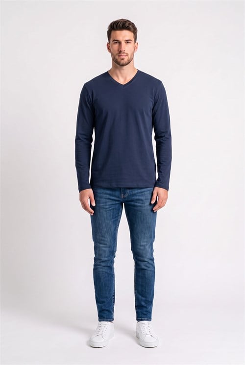Erkek Slim Fit Dar Kesim Pamuklu Yumuşak Dokulu Likralı V Yaka Süprem Lacivert Basic Sweatshirt