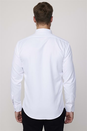 Modern Slim Fit Uzun Kollu Pamuklu Kolay Ütü Armürlü Erkek Beyaz Gömlek