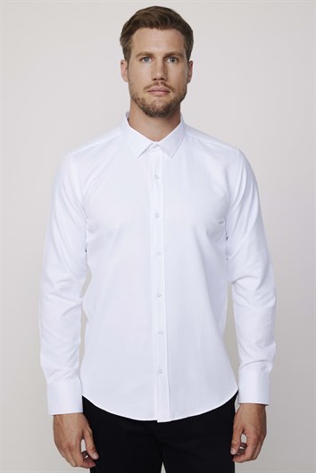 Modern Slim Fit Uzun Kollu Pamuklu Kolay Ütü Armürlü Erkek Beyaz Gömlek