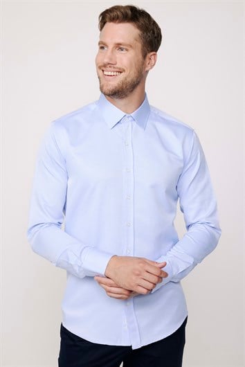 Modern Slim Fit Uzun Kollu Pamuklu Kolay Ütü Armürlü Erkek Mavi Gömlek
